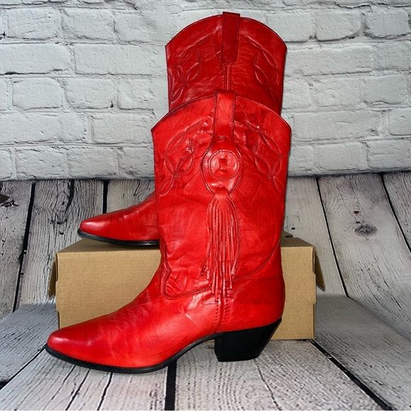 Laredo Shoes - Vintage Laredo Western Red Leather Cowboy Boots With Tassels Size 9